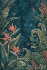 Obraz premium Vintage tropical jungle foliage with flowers, ferns, birds and butterflies