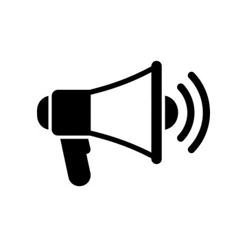 Black and white megaphone icon with sound waves for announcements and alerts