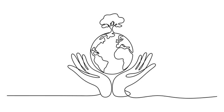 Continuous line drawing of two hands holding a small earth globe with a tree