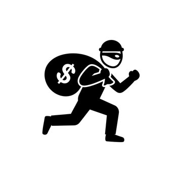 Cartoon thief carrying money bag running with mask and hoodie
