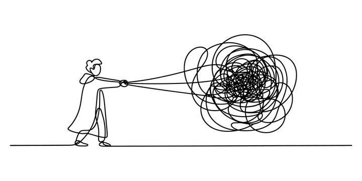 Continuous line drawing Person holding a flashlight projecting a chaotic messy tangle of lines