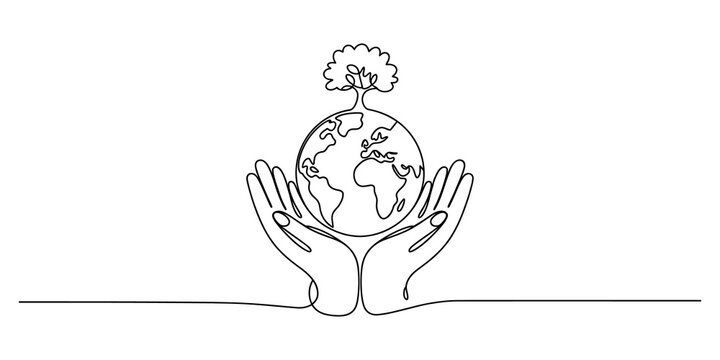 Continuous line drawing of two hands holding a small earth globe with a tree