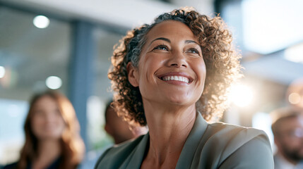 Fototapeta premium Mature businesswoman smiling confidently during a corporate meeting cropped shot from below the eyes with colleagues blurred in the background bright modern office soft even lighting