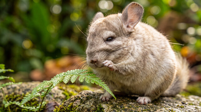 Cute chinchilla nibbling a fern on a mossy rock in a lush green forest, close-up wildlife portrait with soft bokeh and natural light and detailed fur texture