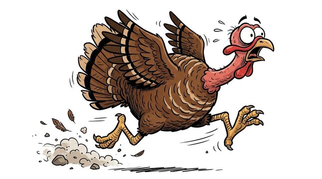 A cartoon turkey running quickly likely trying to escape becoming thanksgiving dinner