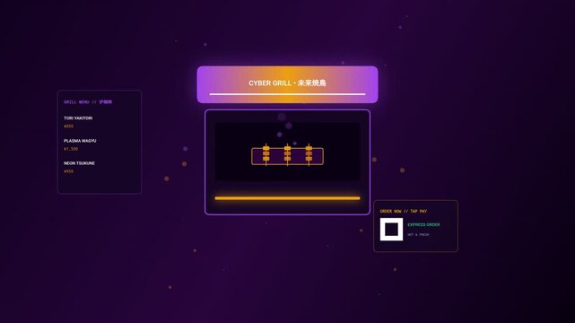 Futuristic digital restaurant menu interface with neon cyberpunk grill theme