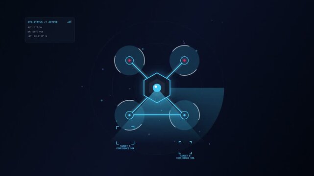Digital drone flight interface hud telemetry display on dark background