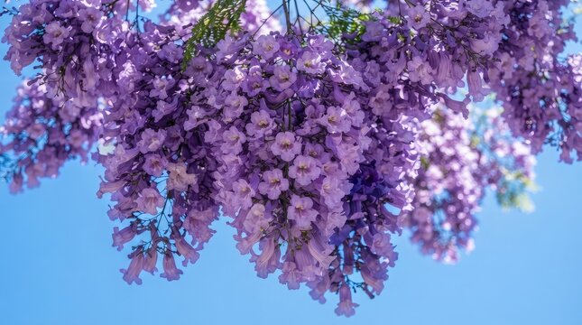Blooming jacaranda tree with vibrant purple flowers against a clear blue sky creating a beautiful springtime scene
