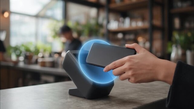 Woman making a contactless payment with her smartphone at a coffee shop counter showing the nfc signal