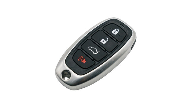 Modern car key fob with remote entry and alarm buttons isolated on transparent background