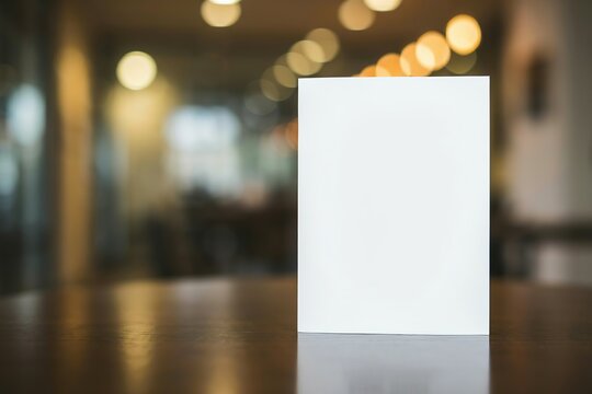 Blank white rectangular card standing on a wooden table with blurred background bokeh lights 1