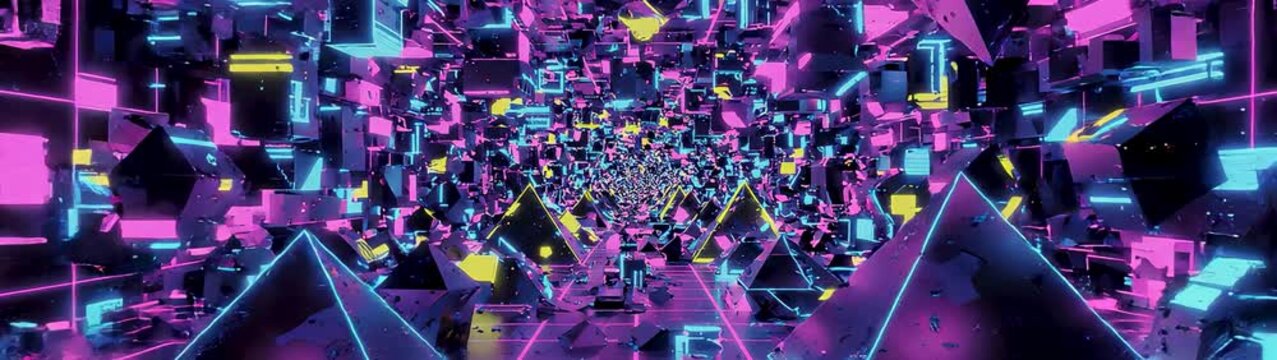 Cyberpunk metaverse and digital transformation concept abstract flight through a neon glowing geometric tunnel with floating cubes and pyramids.