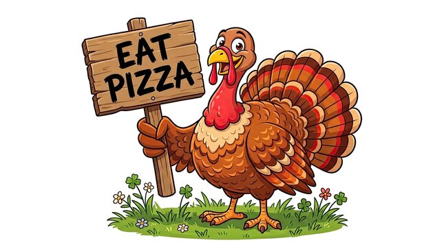 A humorous thanksgiving twist a turkey advocating for pizza instead of the traditional feast