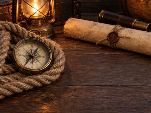 vintage brass compass on nautical rope with parchment scroll, lantern and spyglass on dark wooden table. historical travel concept, graphic design with copyspace.