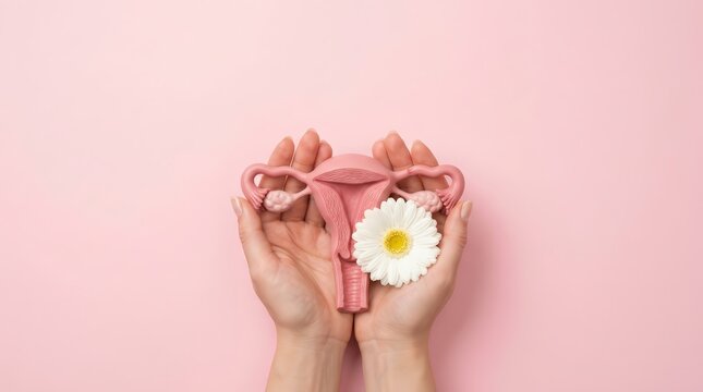 Gynecology and cervix cancer awareness concept with a pink uterus model and flowers in hands.