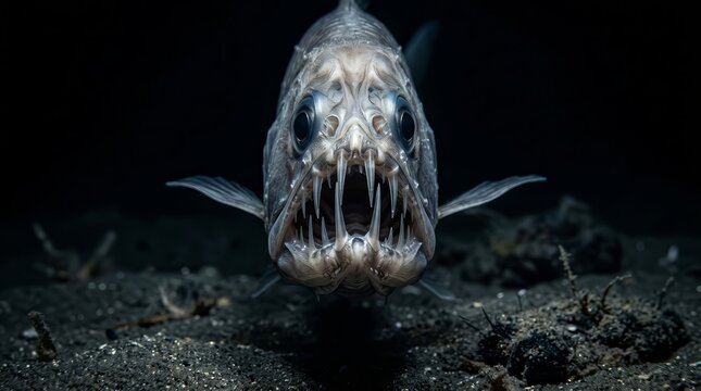 Frightening predatory deep sea fish with sharp teeth in the abyss.