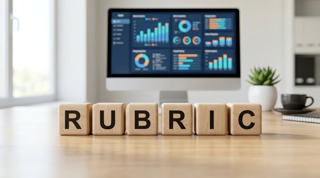Performance evaluation and grading criteria concept featuring RUBRIC wooden blocks on office table.