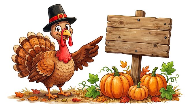A festive thanksgiving scene featuring a turkey pumpkins and a wooden sign for holiday greetings