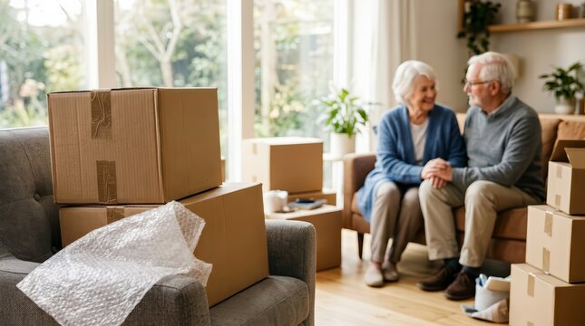 A senior couple sits in their new home surrounded by cardboard moving boxes and packing materials.