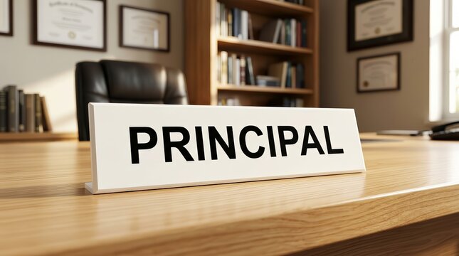 Close up of a school principal nameplate on a wooden desk in an office setting.