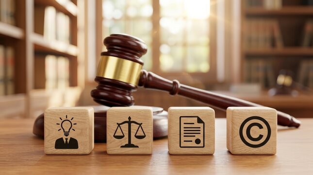 Copyright and intellectual property protection symbols on wooden blocks with a wooden judge gavel.