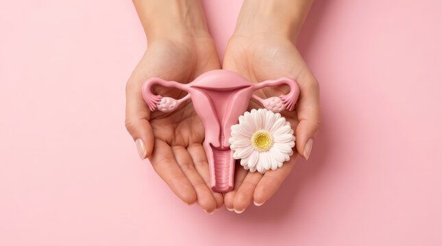 Cervical cancer awareness concept featuring a pink uterus model and white flower in female hands.