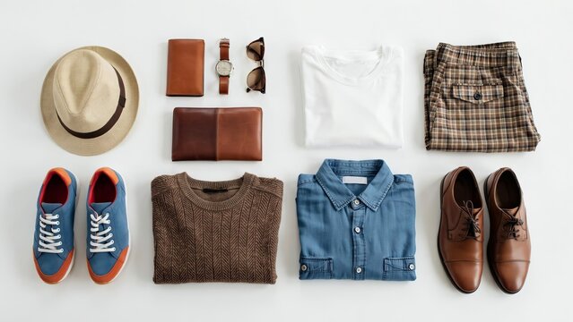 Flat lay of men's casual and dressy clothing and accessories arranged on a white background 1