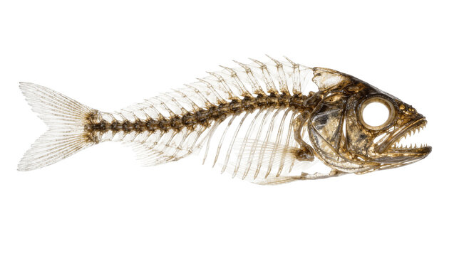 Detailed fish skeleton with sharp teeth and fins, isolated on transparent background