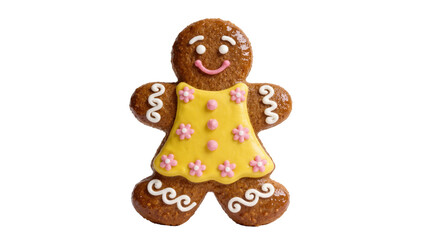 Fototapeta premium Gingerbread woman cookie with yellow dress and pink flowers, isolated on transparent background