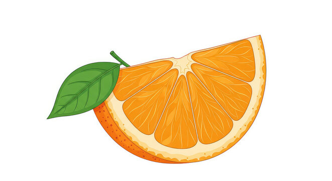 Freshly sliced orange wedge with leaf on white background for food branding and packaging design