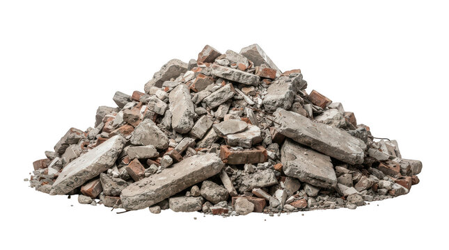 A large pile of construction debris consisting of broken concrete slabs, red bricks, and rubble isolated on transparent background