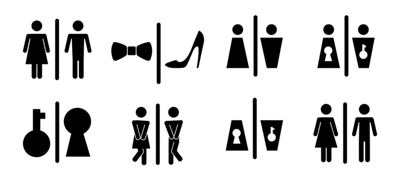 Restroom or bathroom for man and woman to peeing. Funny vector WC pictogram icon or sign. World toilet day. Stickman bath room. Unisex. Clean the toilets