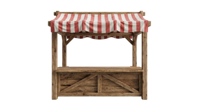 Rustic wooden market stall with a red and white striped fabric canopy, isolated on transparent background