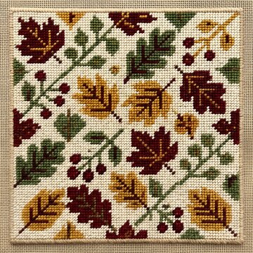 Autumn harvest needlepoint craft pattern with colorful fall leaves and red berries on canvas.