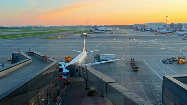 Busy airport terminal tarmac accommodates multiple airplanes during sunset showing air travel congestion. Ground support vehicles maneuver around parked jetliners on apron under golden sky.