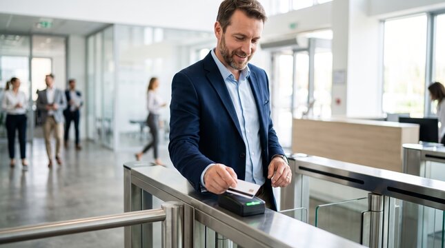 Businessman taps an access card at a security turnstile. Modern office lobby shows glass gates, coworkers, and a reception desk. Workplace access control and secure entry concept.