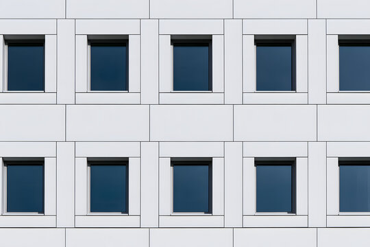 Minimalist white building facade with irregularly spaced square windows showing sky reflections. Clean, modern, geometric architecture.