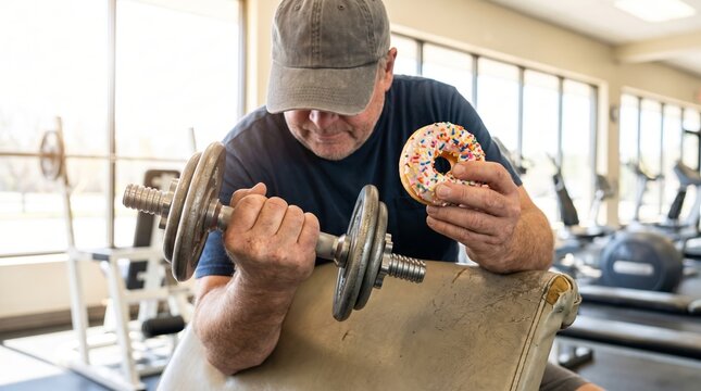 Man curls a dumbbell while holding a sprinkled donut in a gym. Exercise machines and bright windows fill the background. Fitness humor and unhealthy reward concept for wellness media.