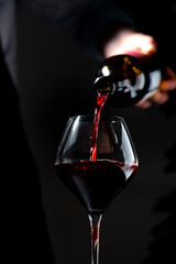 Obraz premium Rich Cabernet Sauvignon red wine in glass — professional tasting session. Restaurant sommelier with open bottle pouring alcoholic drink. Exclusive catering service, gourmet fine dining event.