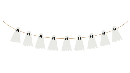 Fototapeta premium Hanging garland banner with cute white ghost cutouts halloween decor wall decor paper cut party supplies holiday spirit trick or treat halloween decoration seasonal illustration