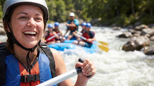Woman paddles an inflatable raft through whitewater rapids. Other rafters follow on a rocky forest river, wearing helmets and holding paddles. Adventure, teamwork, and summer travel concept.