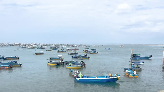 Manta, Ecuador &ndash; August 29, 2026: Panoramic view of Manta Bay from the Manta Yacht Club, featuring fishing and recreational boats on calm waters in a vibrant coastal setting.