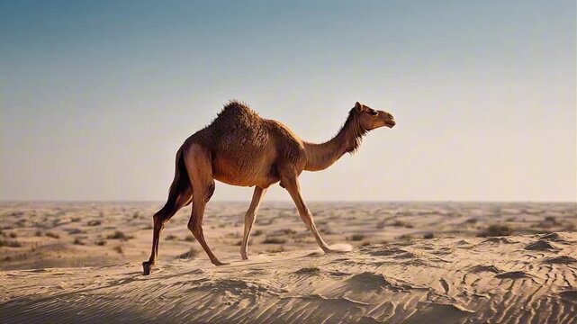 Single Dromedary Camel Walking Across a Vast Desert