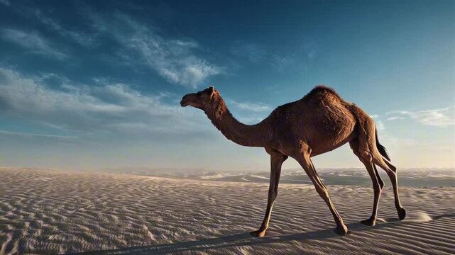 Single Dromedary Camel Walking Across a Vast Desert