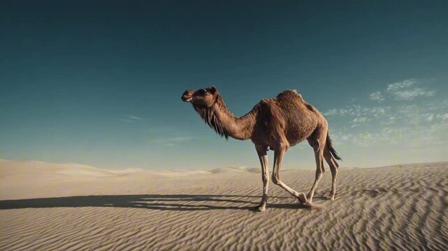 Single Dromedary Camel Walking Across a Vast Desert