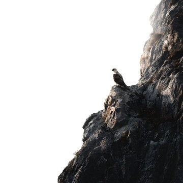 Majestic falcon perched on a steep rocky cliffside edge against a bright white overexposed sky background