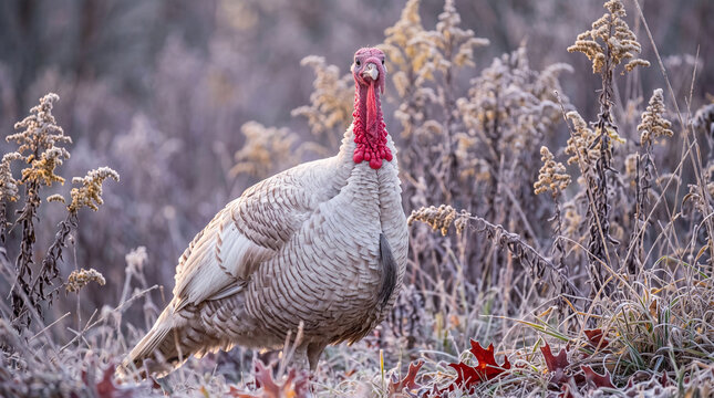 Wild turkey standing in a frosty autumn meadow among dried goldenrod, oak leaves, and pale grasses on a cold morning in natural habitat with soft background
