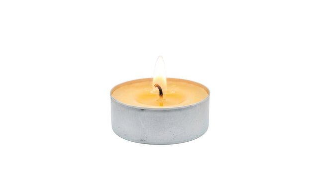 A small lit tea light candle with a warm yellow flame, contained in a simple silver metal cup, isolated on transparent background
