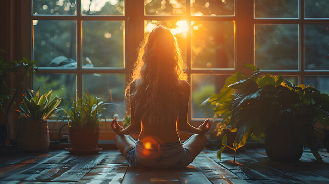 Young woman practicing yoga meditation in lotus position facing a large window with warm golden hour sunset light