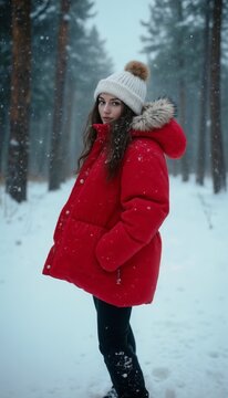 Young woman in a red winter coat enjoying snowfall in a snowy forest